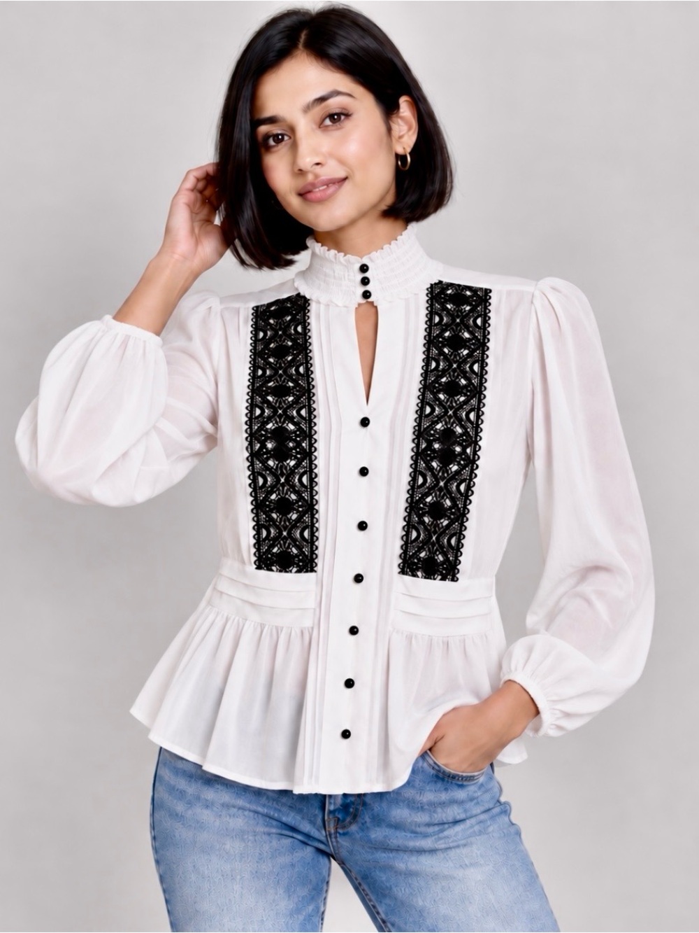 7th Avenue New York & Company White Black Lace Mock Neck Sheer Blouse Small